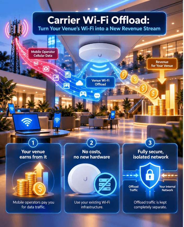 Carrier Wi-Fi offload infographic: mobile data moves from the cellular network to the venue's Wi-Fi, operators pay the venue, no new hardware is needed and offload traffic stays isolated