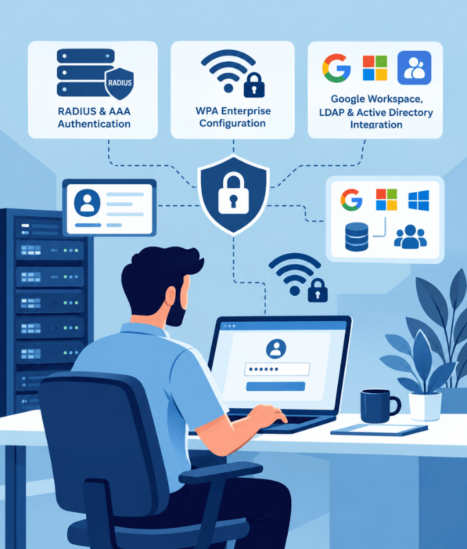 Network admin configuring RADIUS & AAA authentication, WPA Enterprise and Google Workspace, LDAP and Active Directory integration