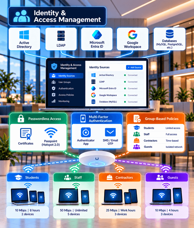 Identity and access management connecting Active Directory, LDAP, Entra ID and Google Workspace to passwordless access, MFA and group-based policies