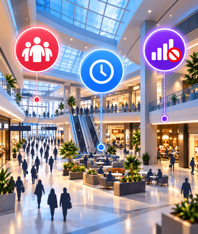 Busy shopping mall with icons for high foot traffic, long dwell time and low mobile signal