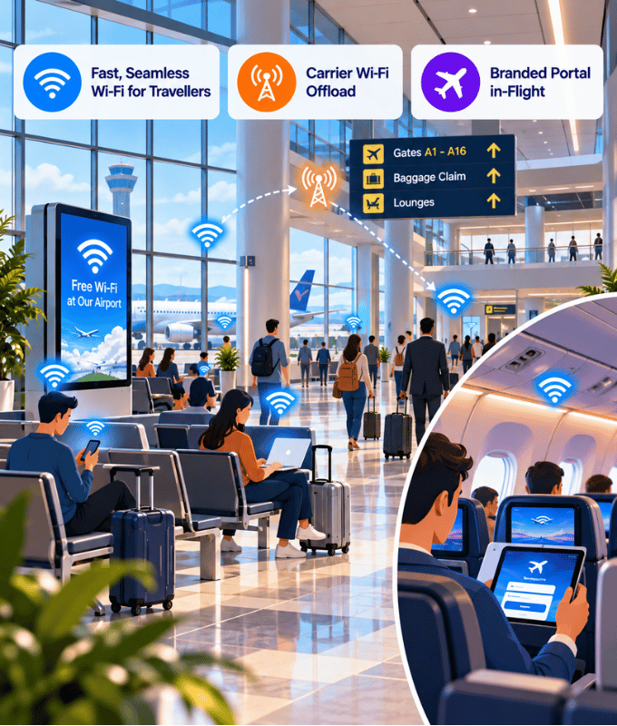 Travellers using free Wi-Fi in an airport terminal, with carrier Wi-Fi offload and a branded sign-in portal on a tablet in flight