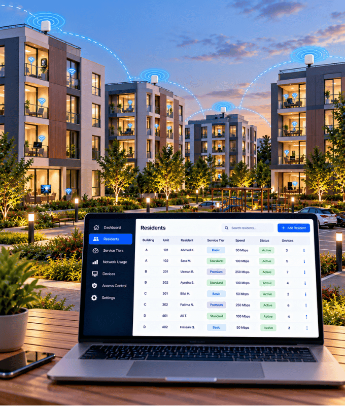 Residentes de un edificio de apartamentos conectándose al Wi-Fi con sus propias contraseñas, junto a un panel de niveles de servicio para cada edificio