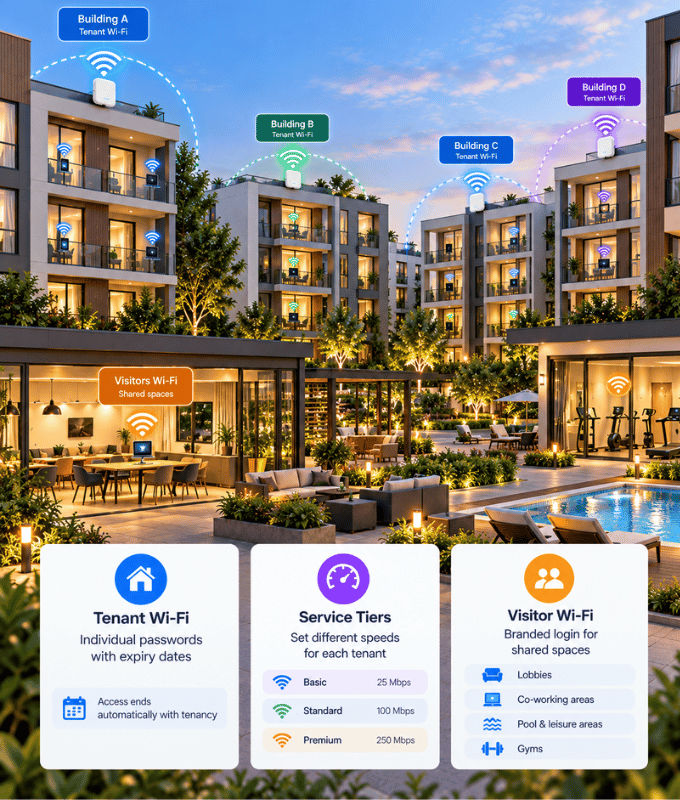Co-living and build-to-rent buildings with tenant Wi-Fi on individual passwords with expiry dates, service tiers and a branded visitor login for shared spaces