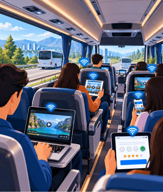Coach passengers using on-board Wi-Fi on laptops, tablets and phones, with a video ad playing and a rider rating survey