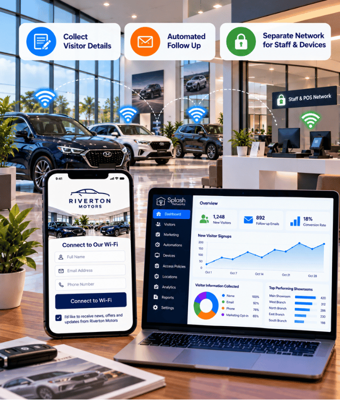Car showroom guest Wi-Fi sign-up form on a phone beside a dashboard of new visitors and follow-up emails, with a separate staff and POS network