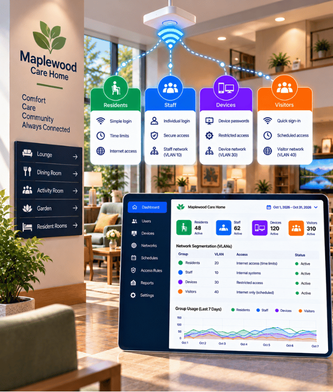 Care home lounge with separate networks for residents, staff, devices and visitors, beside a dashboard of network segments and usage