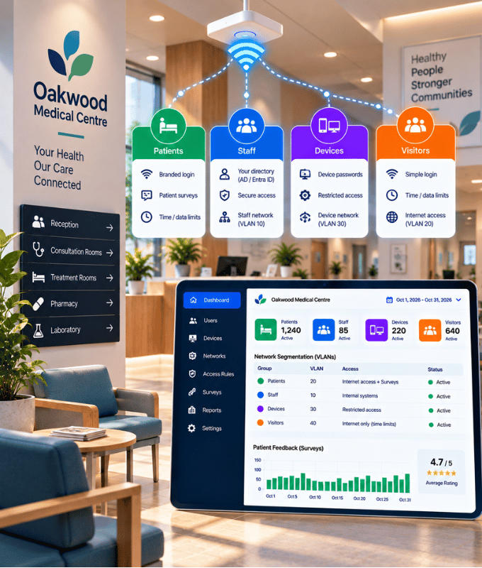 Pazienti nella sala d'attesa di una clinica che accedono al Wi-Fi con il telefono, accanto a una dashboard di visite e feedback dei sondaggi