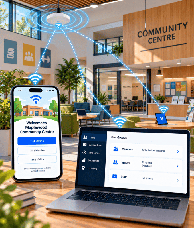 Soci di un centro comunitario che accedono al Wi-Fi con il telefono, accanto a una dashboard di gruppi, quote e visite