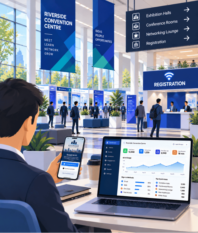 Delegates at a conference centre signing in to the Wi-Fi on phones and laptops, with a branded portal and organiser dashboard