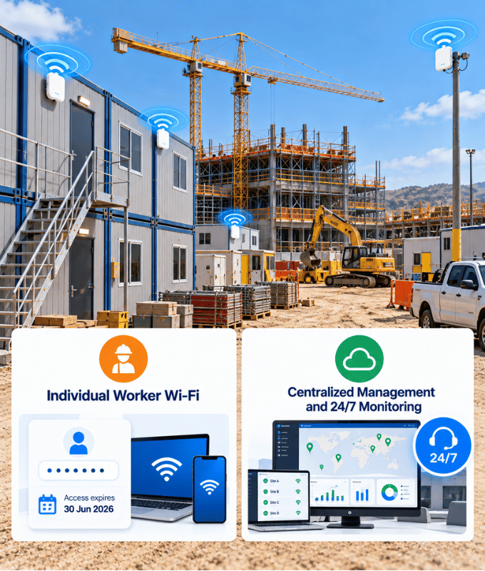 Wi-Fi di un cantiere con ogni lavoratore sulla propria password e accesso che termina con il lavoro, accanto a una dashboard dei siti