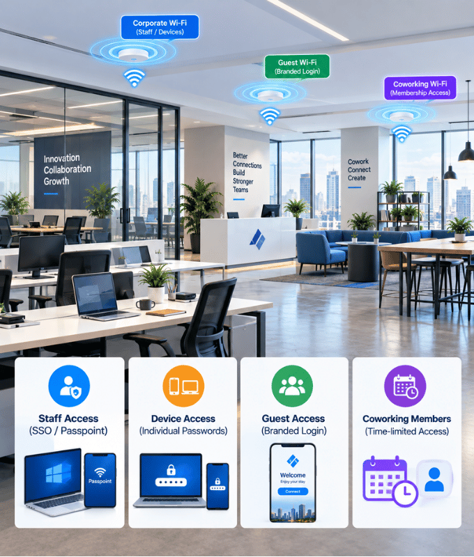 Oficina abierta y espacio de coworking con Wi-Fi separado para personal, dispositivos, invitados y miembros del coworking