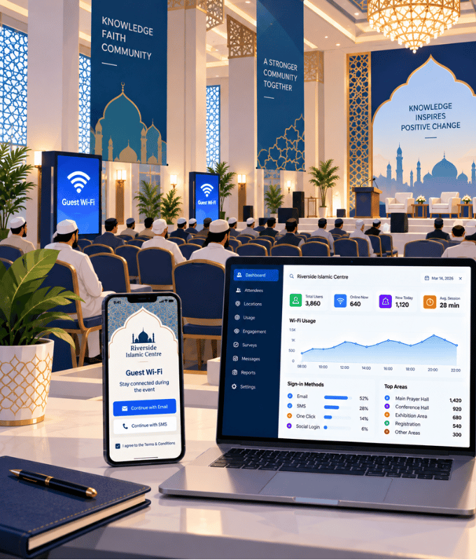 Sala de eventos con público sentado, un acceso al Wi-Fi con marca en un teléfono y un panel de asistentes y uso del Wi-Fi