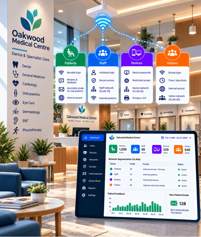Medical centre waiting area with separate networks for patients, staff, devices and visitors, beside a dashboard of patient feedback and new-patient emails