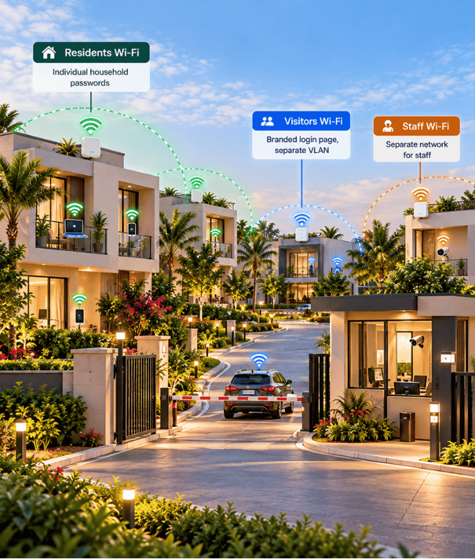 Gated community entrance with separate Wi-Fi for residents (a password for each household), visitors (a branded login on its own VLAN) and staff