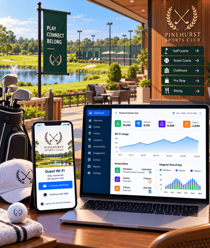 Socios de un club de golf y deportivo conectándose al Wi-Fi del club con sus teléfonos, con una página de acceso para invitados y un panel de políticas de acceso