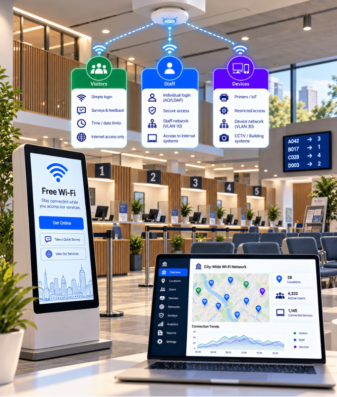 Government service centre where staff sign in securely and visitors join a branded public Wi-Fi login, beside a dashboard of separate networks