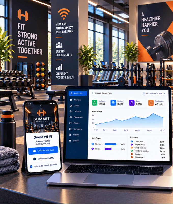 Socios de un gimnasio conectándose automáticamente al Wi-Fi del club con sus teléfonos, con una página de acceso para invitados y un panel de visitantes