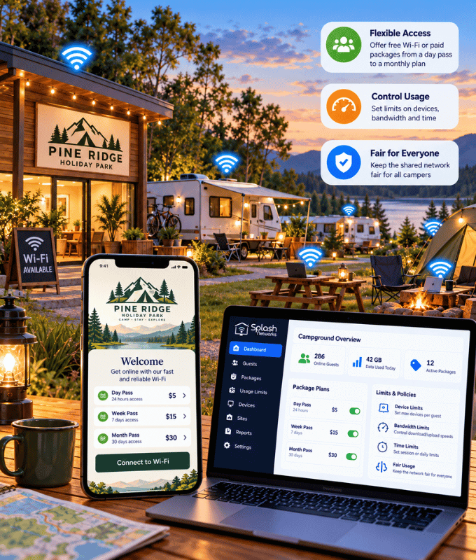 Holiday park guest Wi-Fi login on a phone beside a dashboard managing free and paid access, usage limits and fair sharing