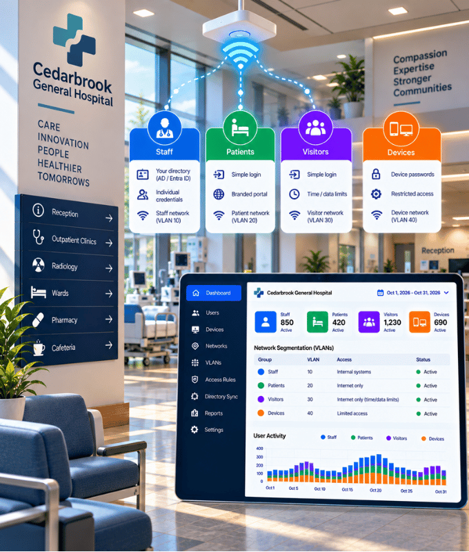 Wi-Fi di un ospedale con lo staff che accede con le proprie credenziali e i pazienti che si collegano tramite un login con il brand, accanto a una dashboard di gruppi e reti