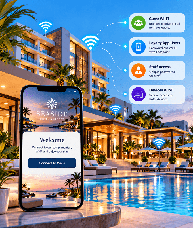 Página de login do Wi-Fi para hóspedes de um hotel em um celular ao lado da piscina de um resort, com acessos para hóspedes, app de fidelidade, equipe e dispositivos