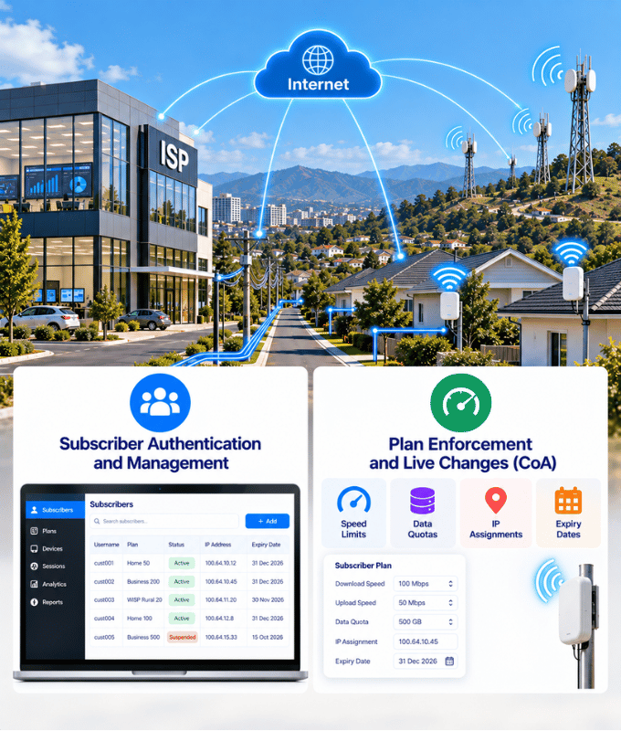 ISP and WISP RADIUS dashboard with subscriber plans, speeds, quotas and IP assignments across fixed and wireless networks