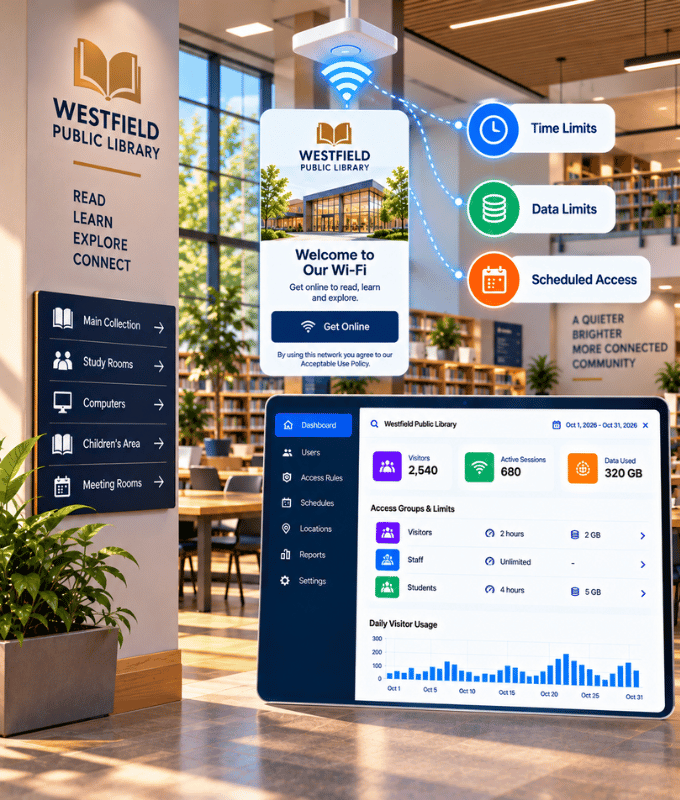 Visitantes de una biblioteca accediendo al Wi-Fi público con teléfonos y laptops, junto a un panel de visitas y límites de uso