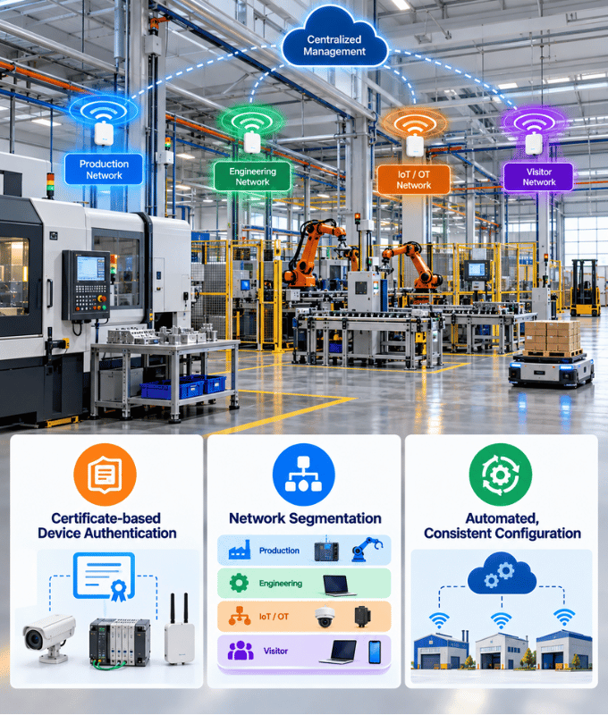 Planta de fábrica con redes separadas para producción, ingeniería, IoT y visitantes, y paneles de autenticación de dispositivos con certificados, segmentación de red y configuración automatizada