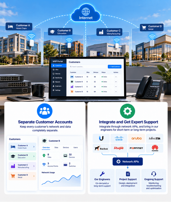 Portal MSP que muestra los sitios de los clientes, con integraciones mediante API de red e ingenieros apoyando los proyectos