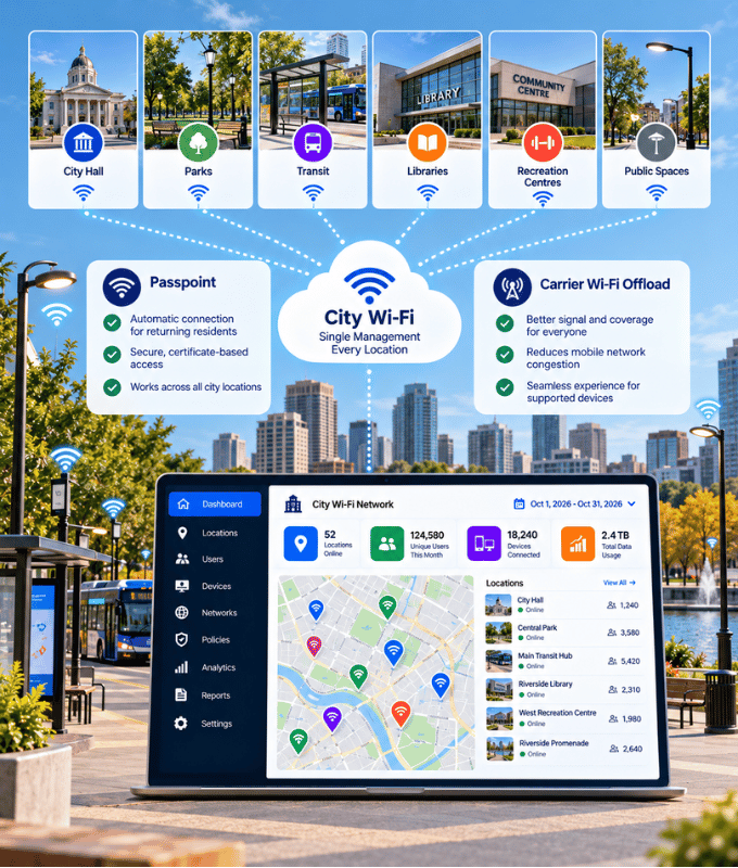 City Wi-Fi linking city hall, parks, transit, libraries and public spaces, with Passpoint and carrier Wi-Fi offload, beside a dashboard of every location