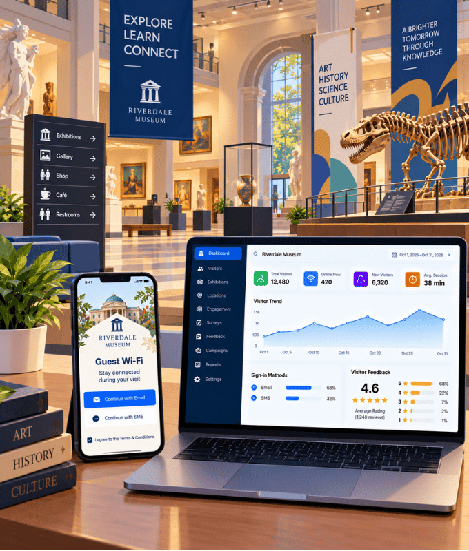 Visitantes de un museo conectándose al Wi-Fi con sus teléfonos a través de un portal con marca, con un panel de visitas y comentarios