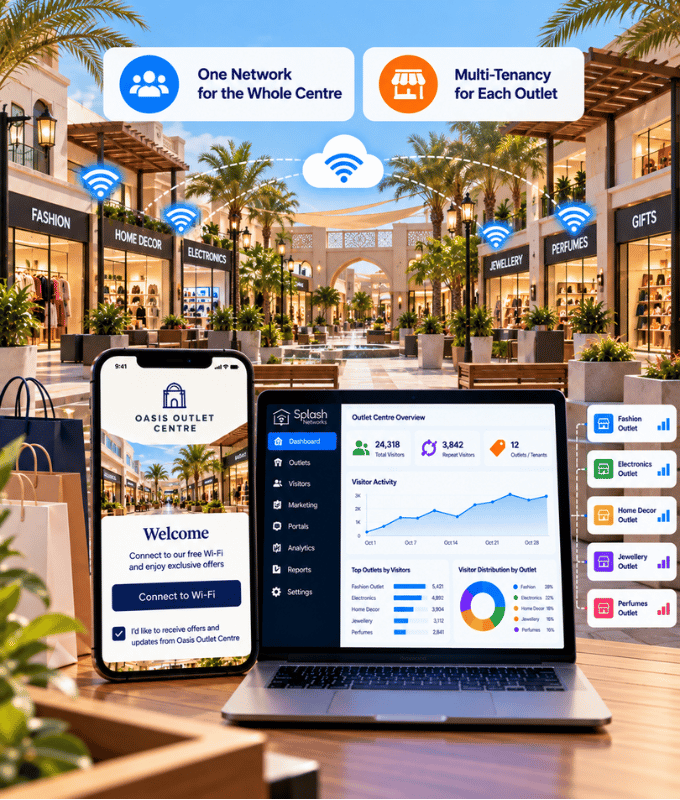Schermata di benvenuto del Wi-Fi di un outlet su un telefono accanto a una dashboard con i visitatori di ogni negozio, con multi-tenancy per ogni negozio
