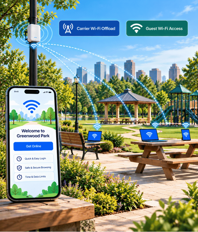 Parco con tavoli da picnic e area giochi, una pagina di benvenuto al Wi-Fi con il brand su un telefono e le etichette carrier Wi-Fi offload e accesso Wi-Fi per gli ospiti
