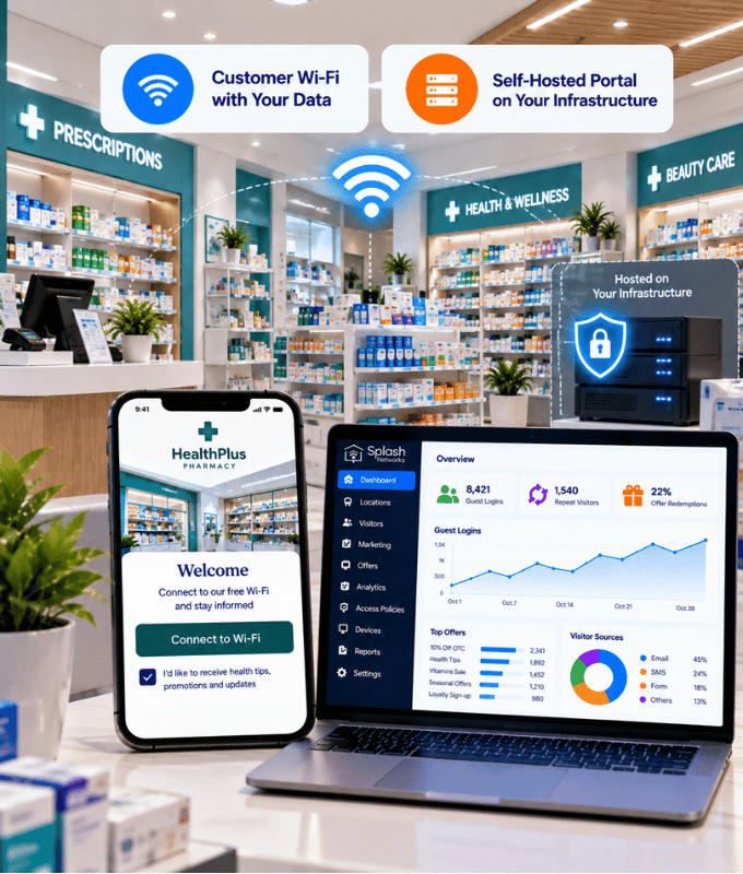 Pharmacy guest Wi-Fi welcome screen on a phone beside a dashboard, with a self-hosted portal on the pharmacy's own infrastructure