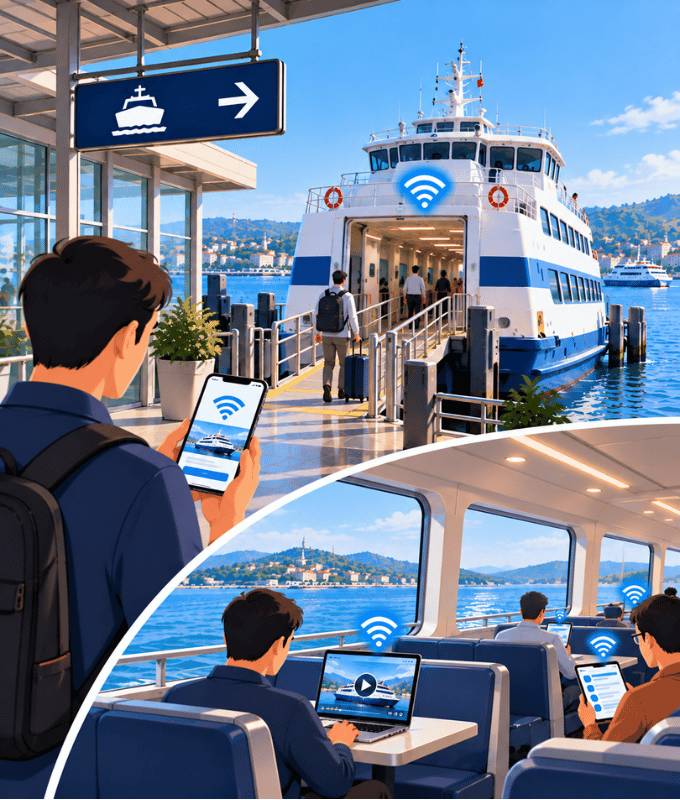Ferry passengers connecting to terminal and onboard Wi-Fi on their phones and laptops, with automatic connection for regular travellers