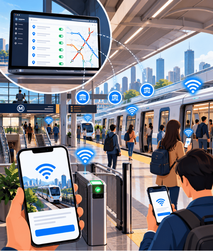 Pasajeros de trenes y metro conectándose al Wi-Fi de la estación con sus teléfonos, con un panel que administra cada estación de la red