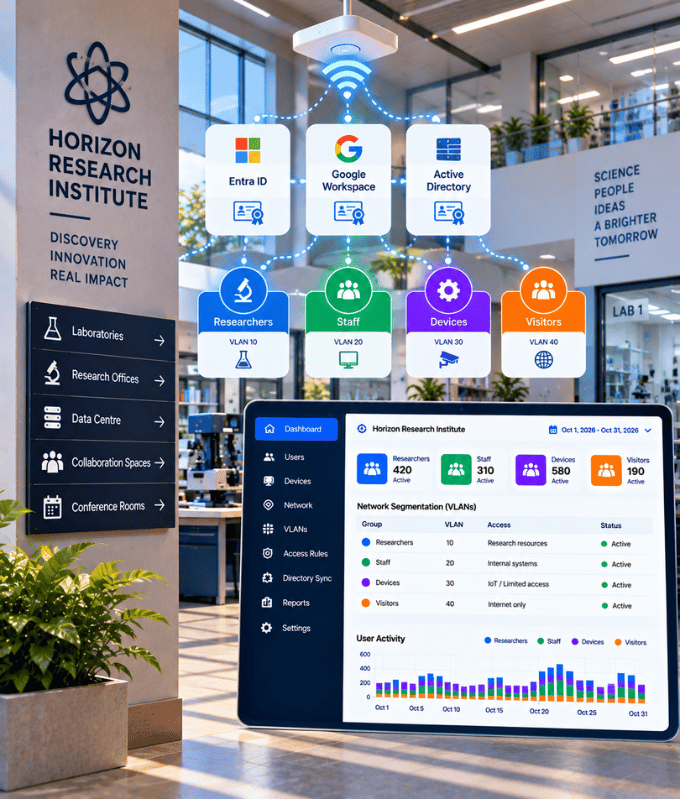 Research institute secure Wi-Fi with certificate-based sign-in for researchers' devices, beside a dashboard of groups and connection logs