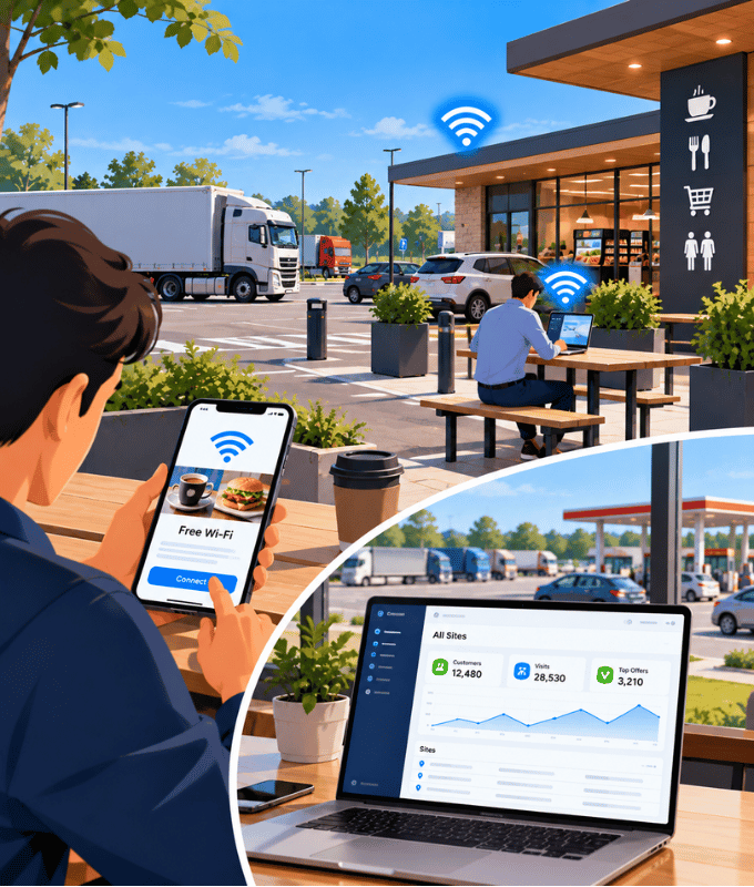 Rest area and service station guest Wi-Fi sign-in on a phone, with targeted offers and customer insights across sites
