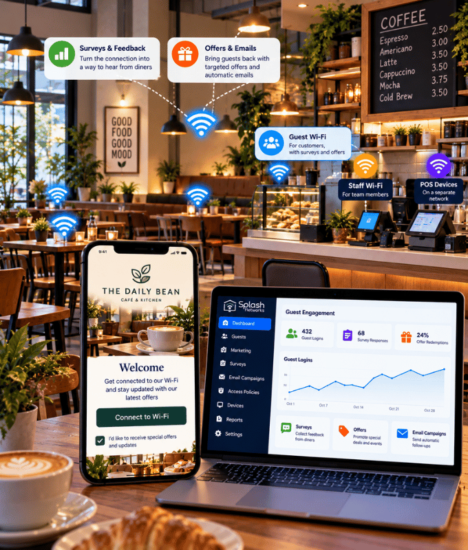 Página de login do Wi-Fi de um café em um celular ao lado de um painel com pesquisas, ofertas e campanhas de e-mail, com equipe e dispositivos POS em uma rede separada