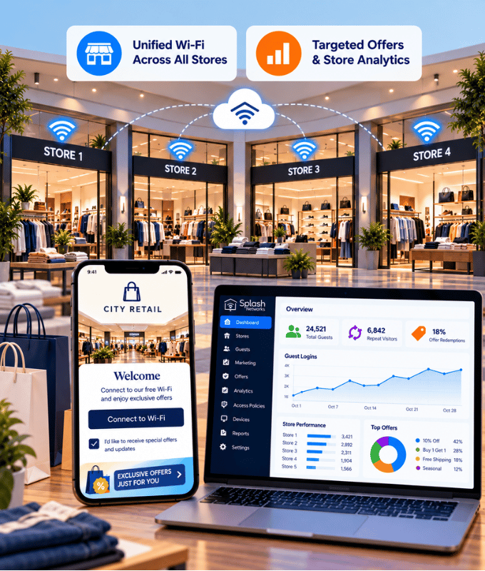 Pagina di login del Wi-Fi di una catena retail su un telefono accanto a una dashboard con ospiti, offerte e prestazioni dal Negozio 1 al Negozio 5
