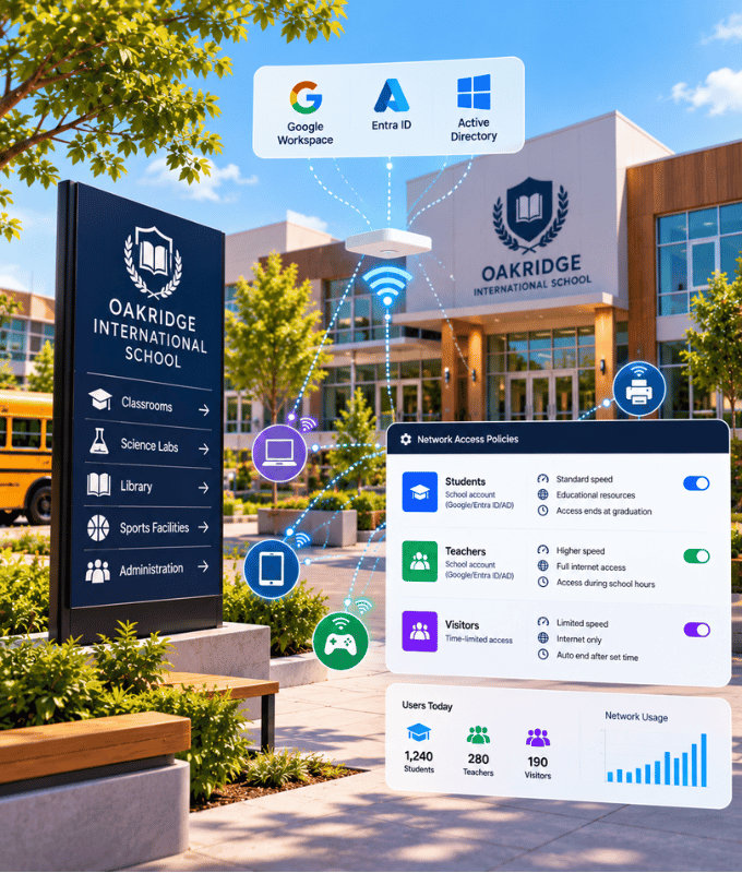 School Wi-Fi sign-in with school accounts on student and teacher devices, beside a dashboard of access for each group