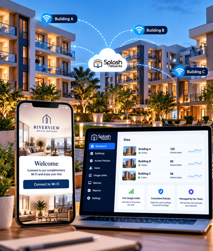 Página de acceso al Wi-Fi para huéspedes de un apartamento con servicios en un teléfono junto a un panel que administra el Wi-Fi de los edificios A, B y C