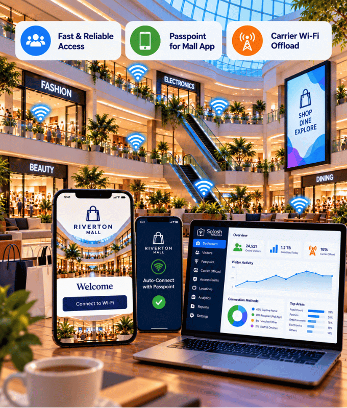 Atrio de un centro comercial con una pantalla de bienvenida del Wi-Fi para visitantes, conexión automática Passpoint para la app del centro y un panel de actividad de los visitantes