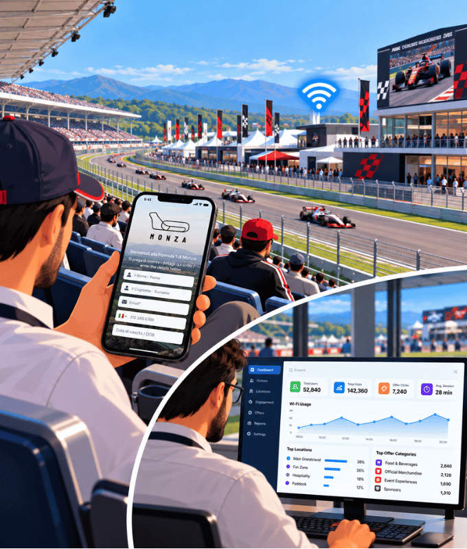 Tifoso in tribuna a una gara automobilistica che si registra al Wi-Fi dell'evento con un modulo con il brand, accanto a una dashboard di visite, zone e offerte