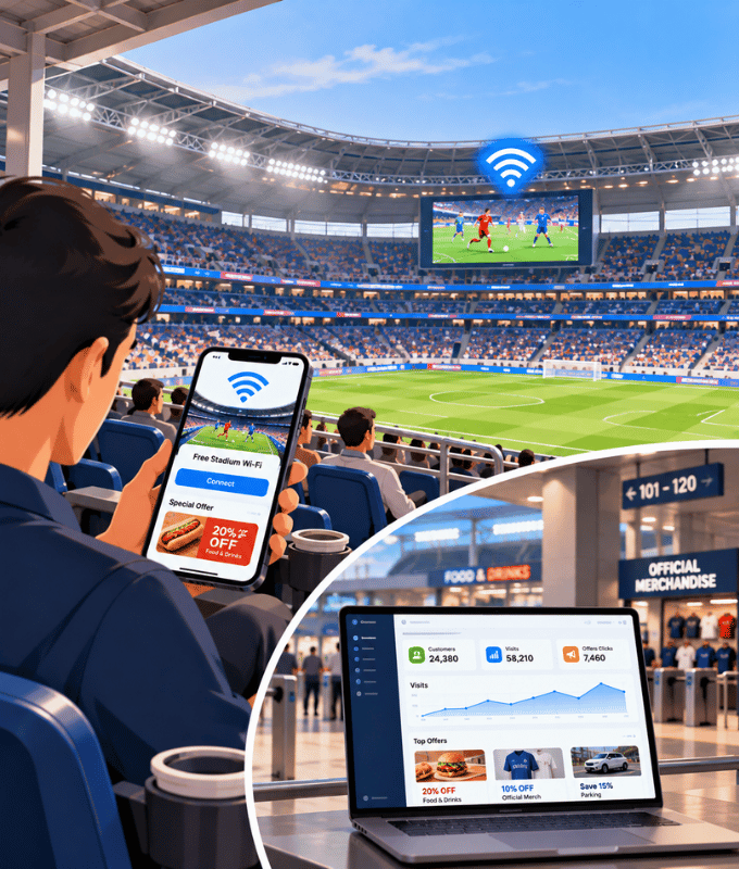 Multidão em um estádio com torcedores se conectando ao Wi-Fi do local pelo celular, com um painel de análises mostrando visitantes e engajamento