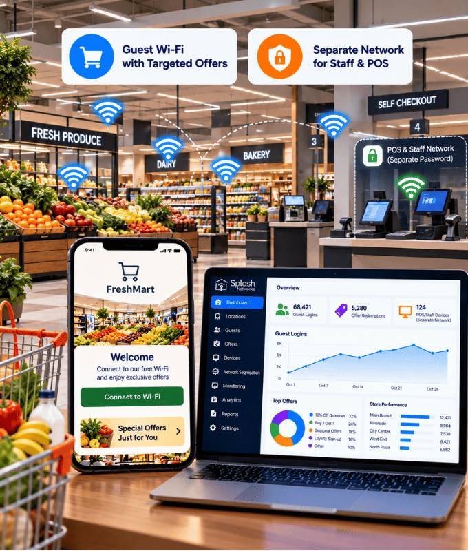 Accesso al Wi-Fi di un supermercato con offerte mirate su un telefono, accanto a una dashboard e a una rete separata per staff e dispositivi POS