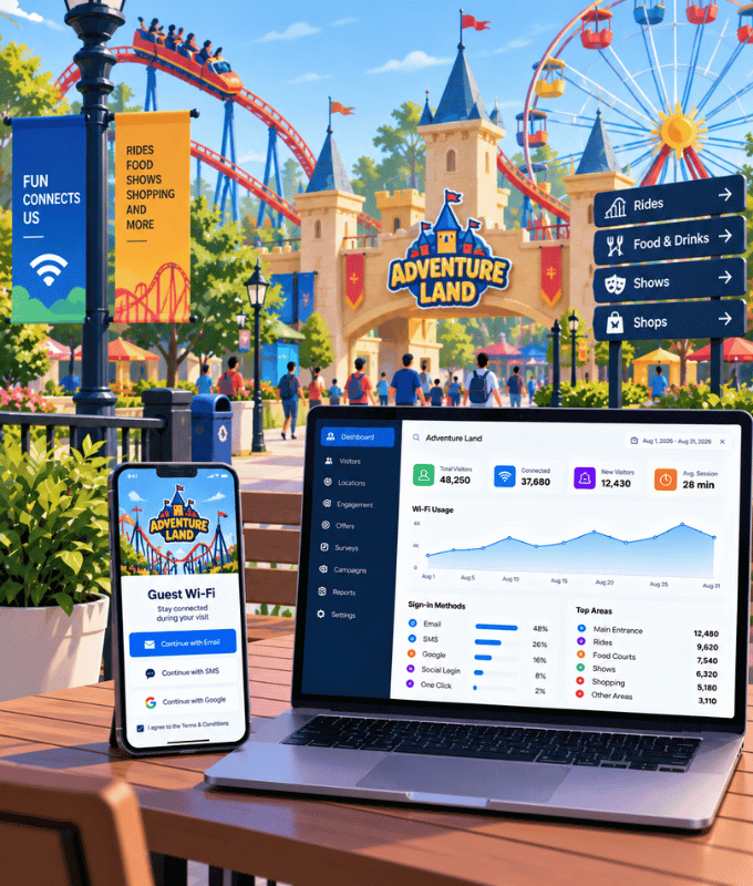 Entrada de un parque temático con atracciones al fondo, un acceso al Wi-Fi con marca en un teléfono y un panel de visitantes y zonas más concurridas