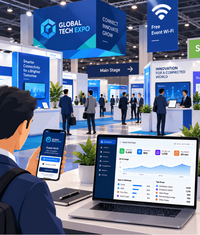 Trade show hall with exhibitor stands, a branded guest Wi-Fi sign-in on a phone and a dashboard of visitors, sign-in methods and the busiest areas