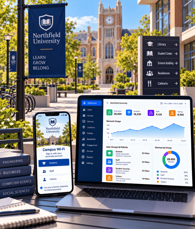 Wi-Fi del campus universitario con studenti e personale che accedono dai propri dispositivi, accanto a una dashboard delle policy di accesso per ogni gruppo