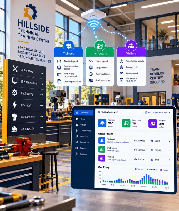 Corsisti di un centro di formazione che si collegano al Wi-Fi con i laptop, accanto a una dashboard di scadenze e quote degli account per ogni gruppo