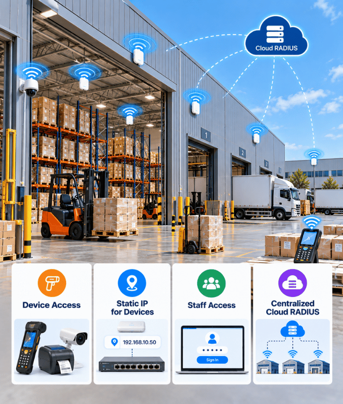 Armazém e docas de carga com pontos de acesso conectados ao RADIUS na nuvem e painéis de acesso de dispositivos, IPs estáticos, acesso da equipe e gestão centralizada